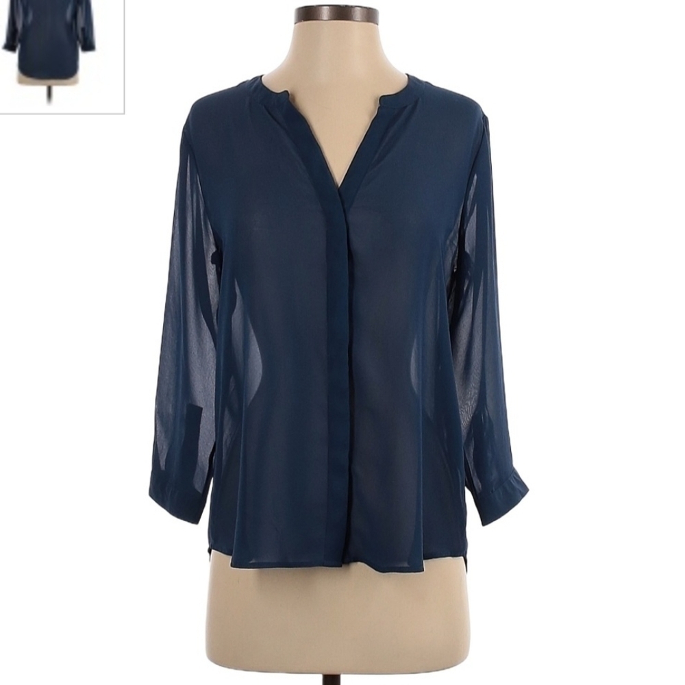Banana Republic Sheer Blouse Long Sleeve Navy Women's Small S V-Neck Blouse Top